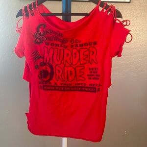 Custom novelty movie t-shirt, red, M, women’s